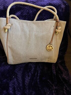 Michael Kors Neutral Canvas Tote with Rope Handles and Gold MK Charm EUC